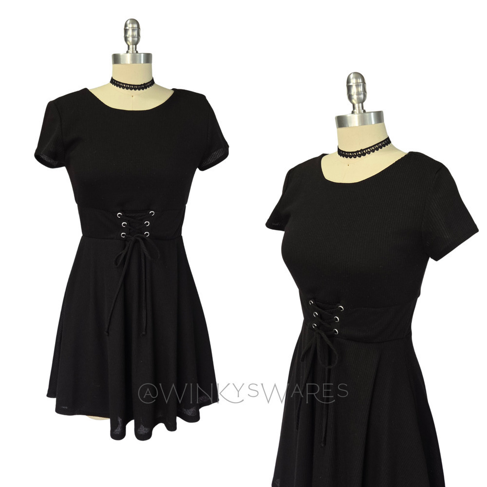 Vintage Y2K Lace Up Corset Black Dress Size M Gothic Goth Grunge Dark Age Vamp